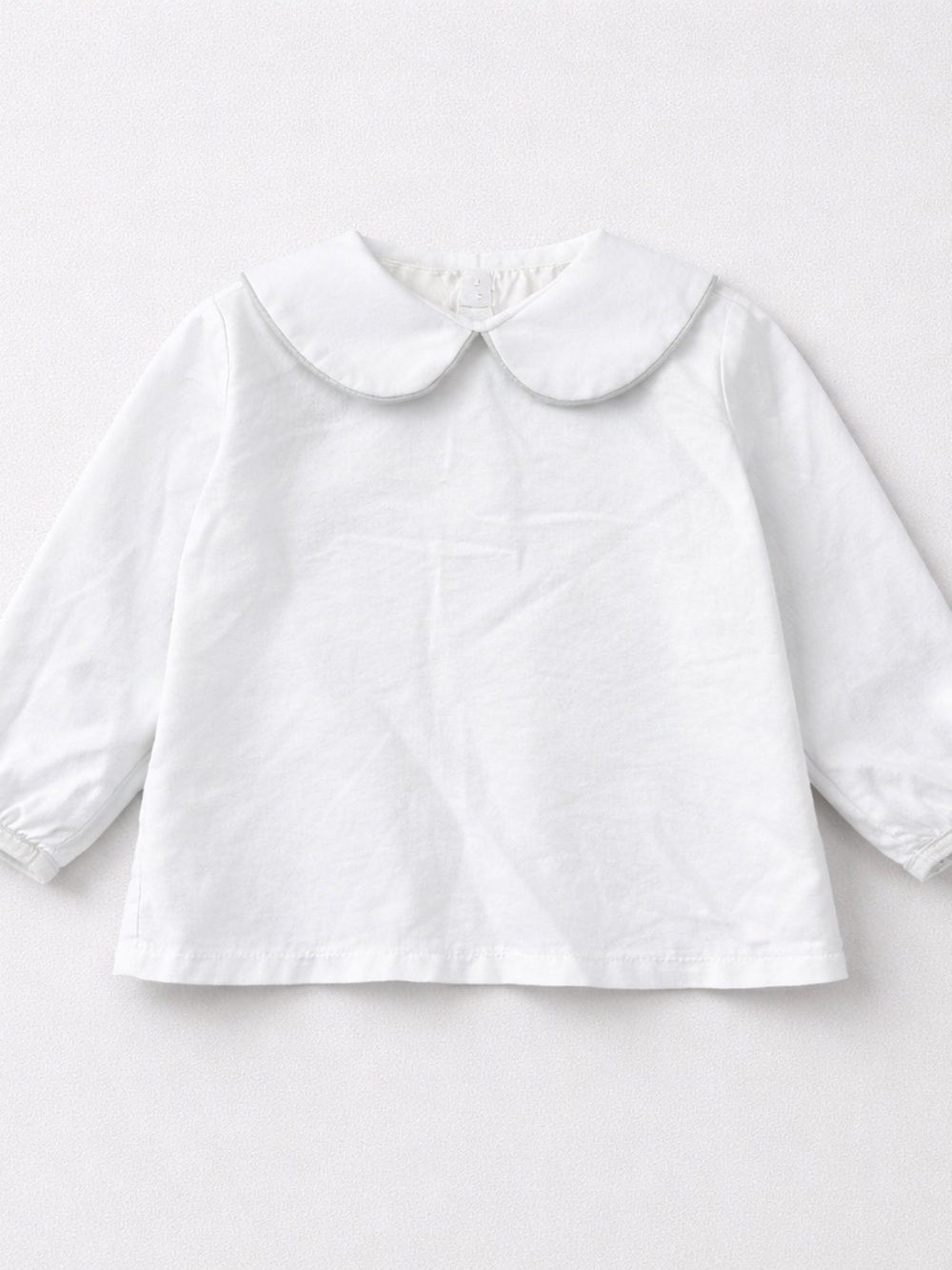 Busy Bees Smocks white long sleeve cotton shirt Peter Pan collar sage piping
